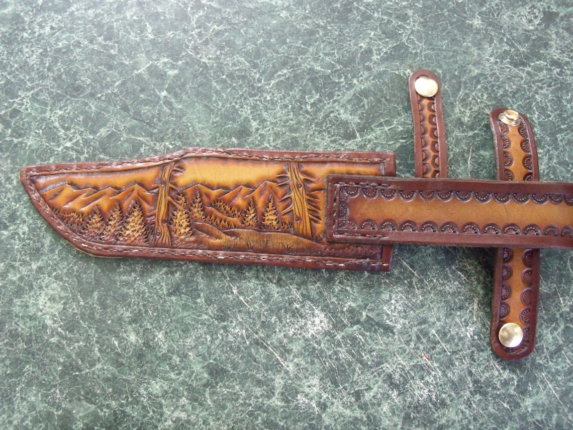 Custom made Bowie knife sheath with eagle and oak leaves. Can Etsy