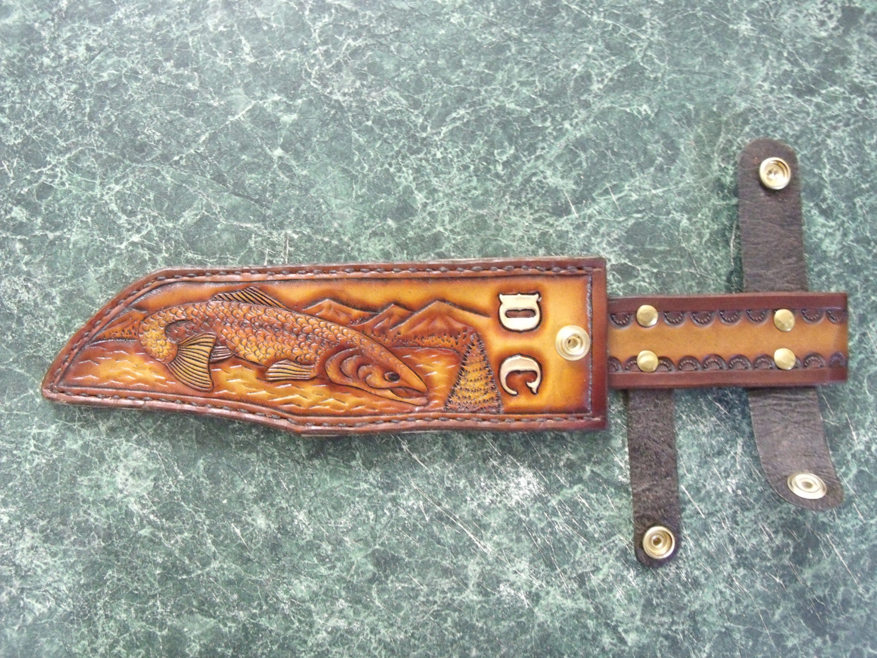 Custom made Bowie knife sheath with eagle and oak leaves. Can Etsy