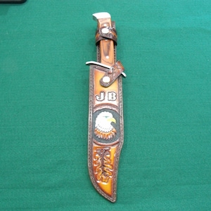 Custom made Bowie knife sheath with eagle and oak leaves. Knife included.