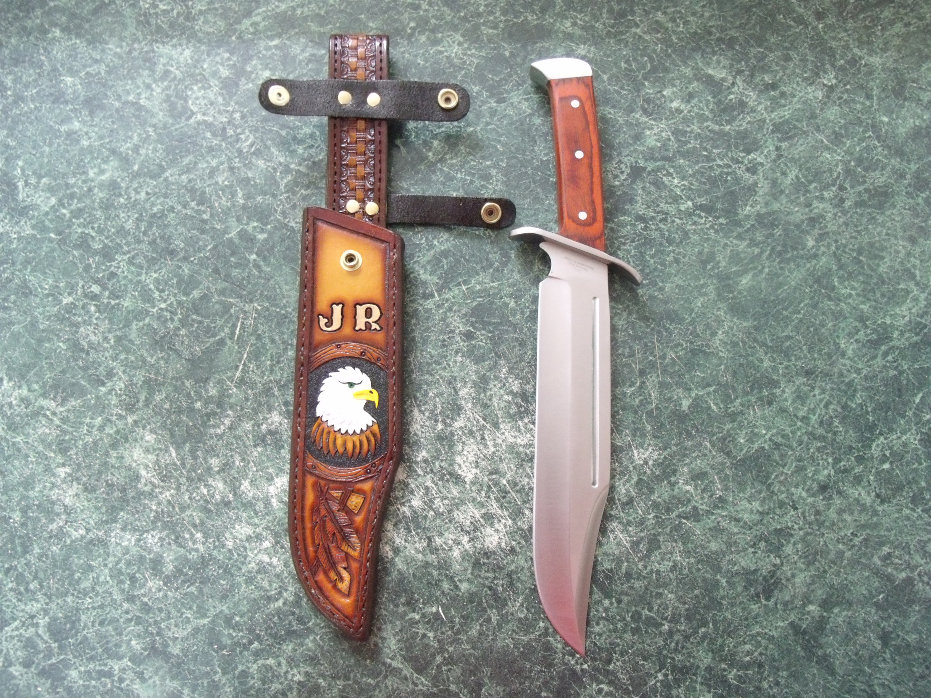Custom made Bowie knife sheath with eagle and oak leaves. Can Etsy