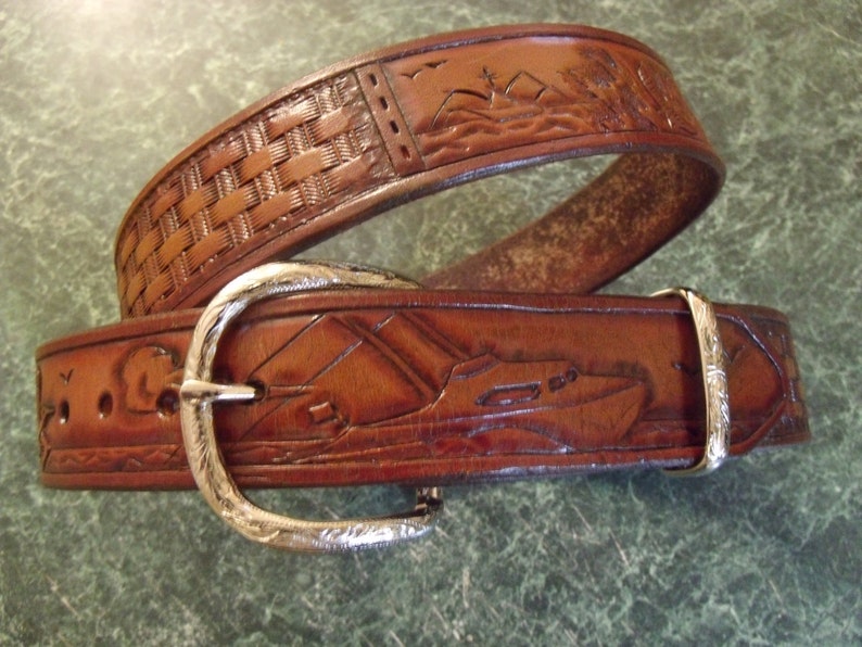 Hand Tooled Leather Belt. Salt Water Fish Theme With Boats and Etsy