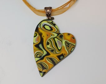 Mokume Gane Polymer Clay FancyHeart Pendant Necklace