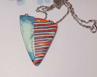 Mokume Gane, Stripes Triangle Polymer Clay Pendant Necklace Silver Chain