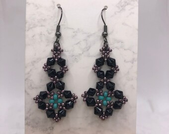 Black and Turquoise Beaded Dangle Earrings