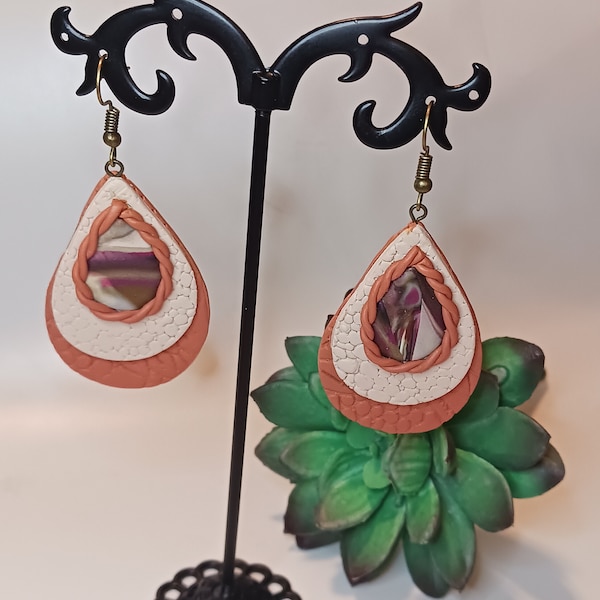 Earthtone Statement Tan, Brown, Marbled Polymer Clay Earrings