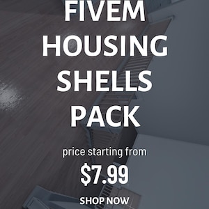 Pode incluir: Um gráfico digital com o texto FIVEM HOUSING SHELLS PACK, price starting from $7.99, SHOP NOW e CLIPCUSTOMS - ETSY SHOP. O fundo mostra uma vista de cima de um espaço interior moderno com piso de madeira e paredes brancas.