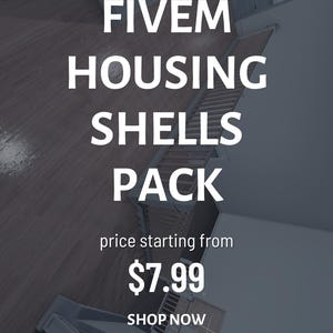 Op de afbeelding: Een digitale afbeelding met de tekst FIVEM HOUSING SHELLS PACK, price starting from $7.99, SHOP NOW en 5 MASSETS - ETSY SHOP, geplaatst over een bovenaanzicht van een moderne binnenruimte met houten vloeren en een witte trap.
