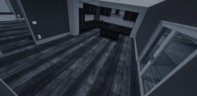 Op de afbeelding: Een keukeninterieur met donkergrijze kasten, een kookeiland en brede houten vloerplanken met een verweerde grijze afwerking. De ruimte is voorzien van witte muren, een glazen deur en inbouwverlichting voor een contrastrijk geheel.
