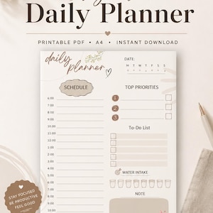 Peut inclure: Une page de planning quotidien imprimable au format A4 avec un emploi du temps de 6h00 à 11h00, une section priorités, une liste de tâches à cocher, un suivi de consommation d'eau avec des icônes de verres et une zone de notes fleurie.