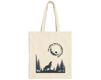 Wolf Howling Moon Cotton Canvas Tote Bag | Forest Silhouette
