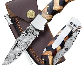 Damascus Pocket Knife for Men Handmade - 6.5 Inches Damascus Folding Knife with Sheath -Ideal for Him as an Anniversary Present