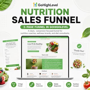 May include: A digital marketing graphic for a GoHighLevel nutrition sales funnel. The image displays a laptop screen showing a website layout with a nutrition theme, flanked by a consultation form and a thank you page, all featuring green accents.