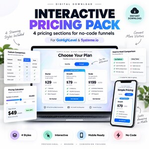 May include: A digital download interactive pricing pack for GoHighLevel and Systeme.io featuring four pricing sections for no-code funnels. The display shows a laptop and smartphone interface with feature comparisons, pricing calculators, and plan tiers.