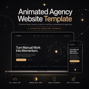 Peut inclure: Un modèle de site web d'agence animé avec code source React. L'affichage présente un ordinateur portable et un smartphone au thème sombre, avec le texte 'Turn Manual Work Into Momentum' et la marque 'NEXORA' et des animations.