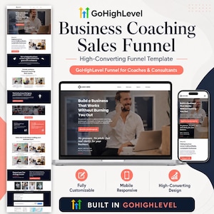 Könnte beinhalten: Eine GoHighLevel Business-Coaching-Sales-Funnel-Vorlage, dargestellt auf einem Laptop- und Smartphone-Bildschirm. Das Design verwendet ein dunkelblaues und korallenfarbenes Farbschema mit dem Text Build a Business That Works.
