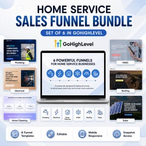 Może przedstawiać: Cyfrowy pakiet marketingowy zatytułowany Home Service Sales Funnel Bundle dla GoHighLevel, zawierający laptopa z sześcioma szablonami lejków dla usług hydraulicznych, elektrycznych, sprzątania, HVAC, dekarskich i solarnych z ikonami.