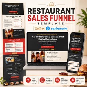 Systeme.io Restaurant Sales Funnel Template, Cooking Course Landing Page, Burger Masterclass Funnel, 2-Step Food Business Template