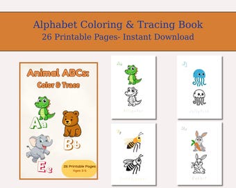 Libro para colorear del alfabeto para niños, ABC, 26 páginas para colorear imprimibles, páginas de actividades preescolares, descarga digital en PDF.