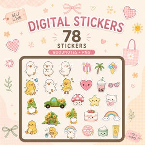 Può includere: Una collezione di 78 adesivi digitali con pulcini gialli, girasoli, gnomi, un camion verde, un cuore rosa, un arcobaleno, un gatto, un fungo e dolcetti. Il testo recita DIGITAL STICKERS 78 STICKERS GOODNOTES + PNG.