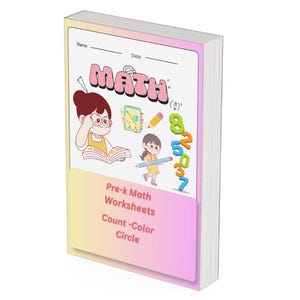 Può includere: Un quaderno di esercizi rettangolare intitolato MATH con una copertina sfumata color pastello. La copertina presenta illustrazioni di due bambini, una matita, un taccuino e numeri colorati. Il testo include Name, Date, Pre-k Math Worksheets, Count-Color, Circle.