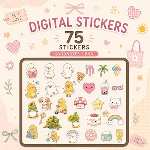 Può includere: Una collezione di 75 adesivi digitali con pulcini, animali, cibo ed elementi naturali. L'immagine include il testo DIGITAL STICKERS 75 STICKERS GOODNOTES + PNG, SELF LOVE e BE KIND su uno sfondo di colore chiaro.