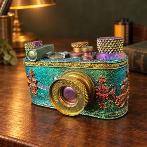 May include: A decorative camera figurine featuring a textured teal and green finish with iridescent highlights. The object includes ornate gold-toned filigree accents, a prominent circular lens, and various metallic dials on the top surface.
