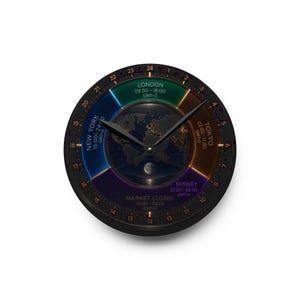 May include: A round world clock featuring a 24-hour outer ring and a central map display. The dial is divided into colored segments labeled with city names including New York, London, Tokyo, and Sydney, along with their respective time zones and market hours.