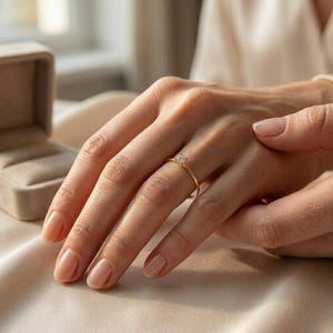 Puede incluir: Un anillo fino de oro con una pequeña piedra preciosa transparente de talla redonda engastada en cuatro garras. El anillo se lleva en un dedo, cerca de un joyero beige abierto. La banda es lisa y pulida, destacando su diseño sencillo.