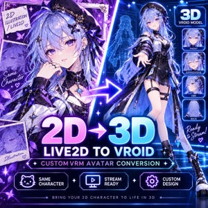 Peut inclure: Un service de conception de personnages numériques présentant une illustration 2D et un modèle 3D VRoid avec de longs cheveux bleu clair, des yeux violets et une tenue sombre. Le graphique inclut le texte 2D TO 3D, LIVE2D TO VROID et CUSTOM VRM AVATAR CONVERSION.