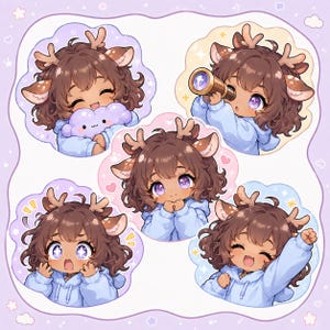 May include: A collection of five stickers featuring a character with brown curly hair, deer antlers, and ears, wearing a light blue hoodie. The character is shown in various poses: hugging a purple cloud, looking through a telescope, smiling, and cheering.