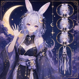Può includere: Un'illustrazione digitale di un personaggio con lunghi capelli viola chiaro, orecchie da coniglio e occhi viola, che indossa un abito blu scuro e viola con accenti di stelle e lune dorate. Il personaggio è su un cielo notturno con una luna crescente.