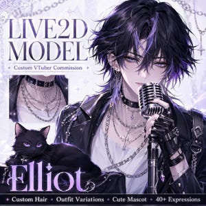 May include: A digital illustration of a character named Elliot, featuring dark hair with purple highlights, wearing a black leather jacket, layered silver chain necklaces, and a choker. The character holds a vintage microphone, with a black cat nearby.