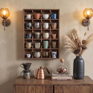 Wooden Mug Display Cubby Shelf, Coffee Cup Organizer, Wall Mounted Teacup Curio Cabinet