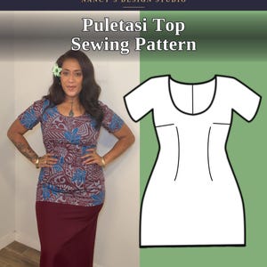 Könnte beinhalten: Ein Puletasi-Oberteil-Schnittmuster mit kurzärmeligem Oberteil, Rundhalsausschnitt und taillierter Silhouette. Das Bild zeigt den Text Nancy's Design Studio und Puletasi Top Sewing Pattern neben einer grafischen Darstellung des Kleidungsstücks.