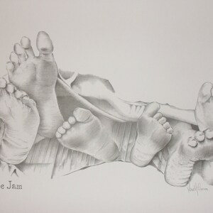 May include: A black and white pencil drawing of several feet with toes intertwined, titled "Toe Jam".