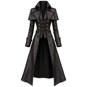 Può includere: Un cappotto lungo marrone scuro con colletto strutturato, un mantello sovrapposto e maniche lunghe con polsini ampi. La chiusura frontale presenta tre cinturini orizzontali con fibbie metalliche e bottoni metallici rotondi in vita.