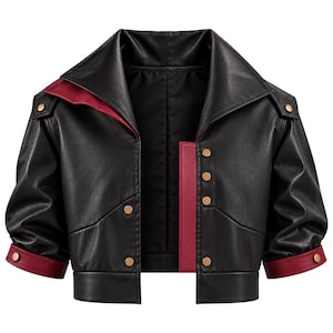 Puede incluir: Una chaqueta corta negra con cuello ancho, mangas tres cuartos con puños rojos y forro interior rojo. La chaqueta incluye botones de metal dorado en la parte delantera, los hombros y los puños, con un panel vertical rojo en el cierre.