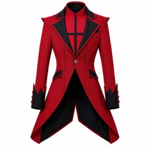 May include: A red tailcoat jacket featuring black lapels, black cuffs with three red buttons each, and a black high-neck inner panel with a black cross design. The jacket has a single front button closure and a split tail design with black lining.