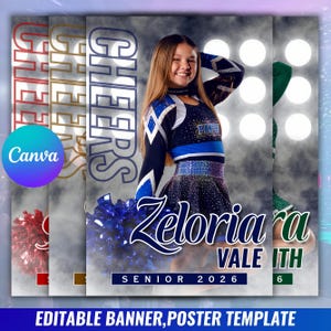 Könnte beinhalten: Eine bearbeitbare Banner- und Postervorlage mit einer Cheerleaderin in blau-schwarzer Uniform, die blaue Pompons hält. Das Design enthält den Text Cheers, Zeloria Vale und Senior 2026 vor einem rauchigen Hintergrund mit kreisförmigen Lichtakzenten.