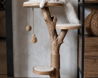 Kratzbaum aus Naturholz | Handgefertigter, moderner Kratzbaum | Katzenmöbel aus Massivholz