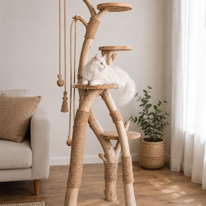 Natural Wood Cat Scratcher | Handmade Modern Cat Scratching Post | Solid Wood Cat Furniture