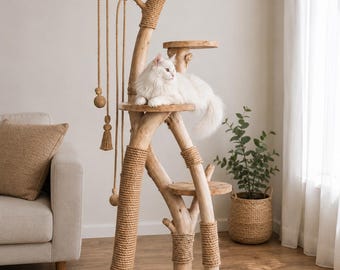 Kratzbaum aus Naturholz | Handgefertigter, moderner Kratzbaum | Katzenmöbel aus Massivholz