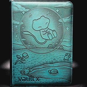 May include: A teal-coloured rectangular trading card binder featuring an embossed design of a floating creature inside a circular bubble, surrounded by a landscape with a pond, small figures, and clouds. The text vaultx is printed at the bottom.