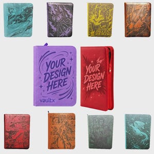May include: A collection of ten rectangular zipped card binder cases in various colours including light blue, purple, yellow, orange, red, and green. Each binder features embossed graphic illustrations or the text YOUR DESIGN HERE and vaultx.