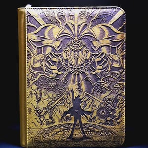 May include: A rectangular binder featuring a gold and black embossed design of a central figure with outstretched arms above a silhouette of a person standing on a circular platform. The cover includes Egyptian-style symbols and the text "MatKeeper".