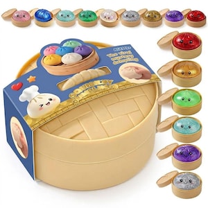 May include: A set of Squishy Dumplings in a beige bamboo-style steamer box. The packaging features a cartoon dumpling character and the text The viral mystery dumpling. Nine individual colorful, glittery, and solid squishy dumplings are shown.