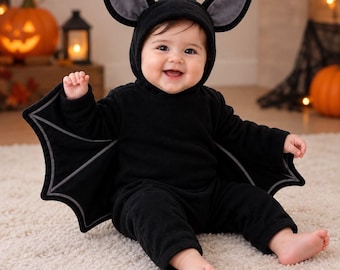 Baby Bat Costume Romper with Hat, Black Cotton Halloween Outfit (0-24M)
