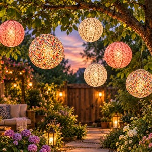 May include: Six spherical paper lanterns hang from tree branches, featuring various patterns including red floral designs and multicolored confetti-like prints. These illuminated globes cast a warm glow over a garden path at twilight.