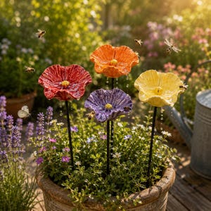 May include: Four ceramic flower-shaped water drippers in red, orange, purple, and yellow, each mounted on a thin black metal stake. The flowers feature textured petals and yellow centers, with water droplets falling from the edges into a planter.