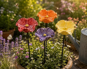 Ceramic Flower Bee Waterer, Pollinator Garden Stake, Butterfly Drinking Station